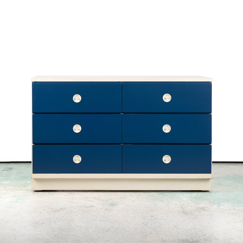 White Laminate and Blue Enamel 6 Drawer Dresser